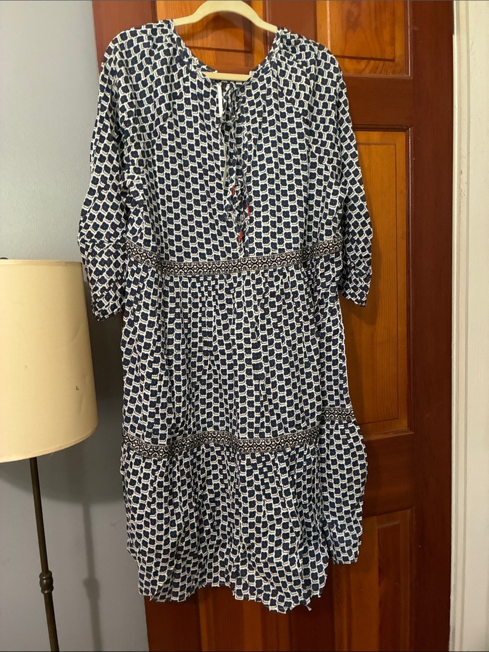 Anthropologie Navy and White Printed Tiered Midi Dress